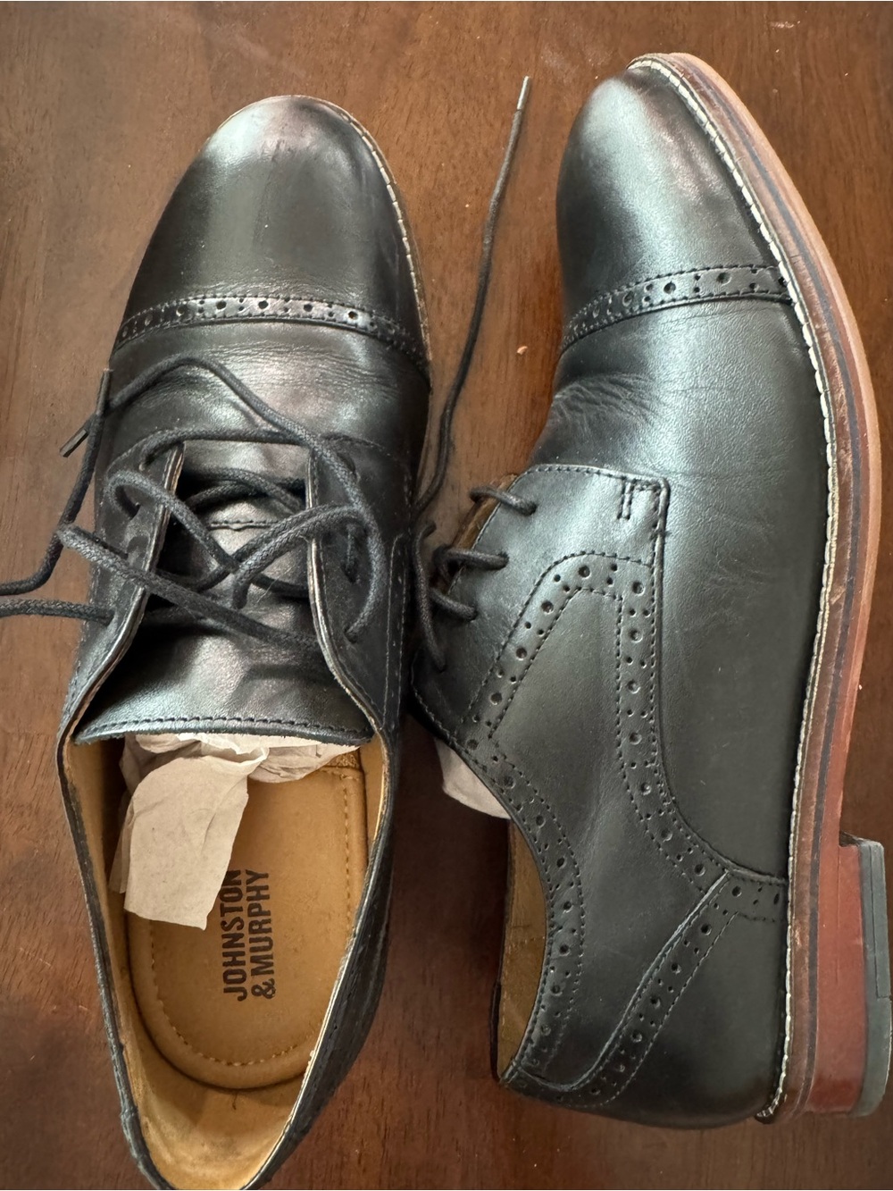 Johnston & Murphy Black Leather Conard Boys Cap Toe Derby Oxfords